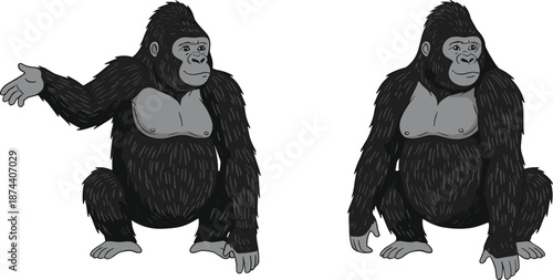 Detailed cartoon gorilla character set in different poses isolated on white background vector illustration