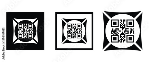 Three bold black square frames, each containing a classic black and white QR code pattern. Clean, minimalist vector design arranged horizontally on transparent background. Ideal for tech branding.