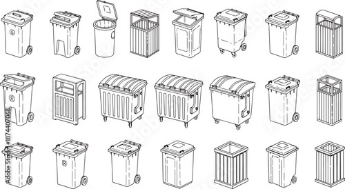 A comprehensive illustration collection of diverse waste bins, showcasing different shapes, sizes, and designs for effective waste management and environmental responsibility.