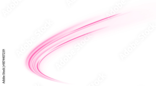 Futuristic pink neon lines create glowing speed trails along a city road. Blue wave energy flows in abstract streaks and curves. Digital motion, technology effect vector PNG.
