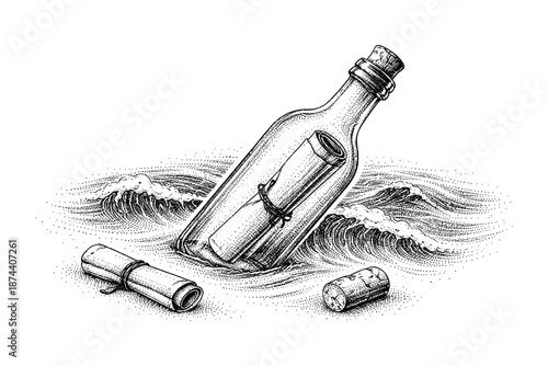 Vintage message in a bottle with ocean waves in black and white ink style