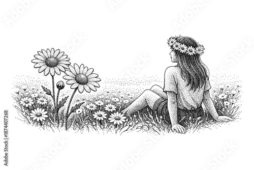 Dot art of girl with flower crown sitting in daisy field