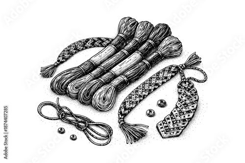 Friendship bracelets and embroidery threads in detailed black and white ink drawing
