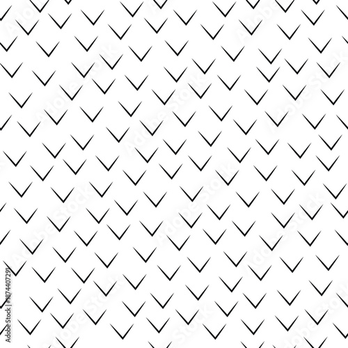 A black and white geometric pattern with repeating V-shaped elements arranged diagonally. Seamless pattern.