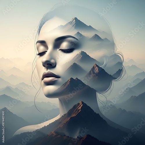Surreal human nature portrait with mountain landscape background and dreamy expression with surrealism and digital and artwork and visionary