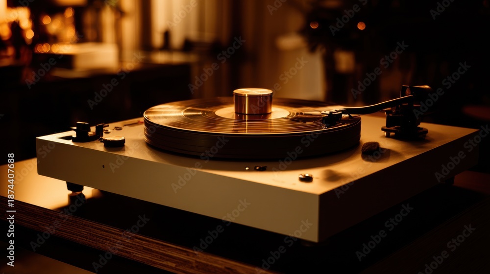 Obraz premium modern turntable, sleek design, high-fidelity audio equipment, warm ambient lighting