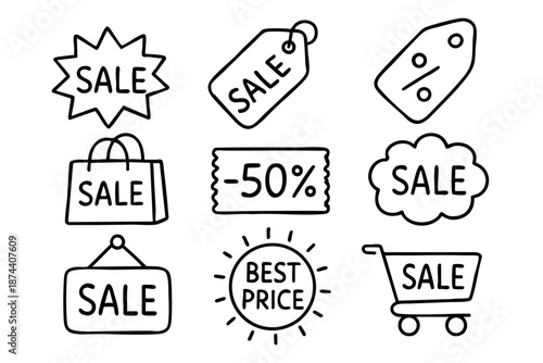 Sale, discount and marketing promotion doodle icon set in minimal black and white outline doodle style
