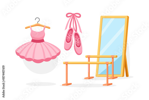 Ballet accessories set with tutu, shoes, mirror, and barre in flat design