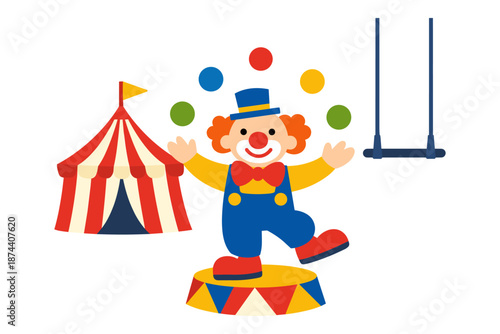 Cheerful clown juggling in circus scene with tent and swing elements