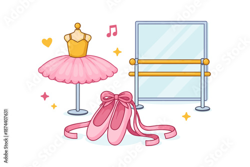 Ballet studio elements: tutu, pointe shoes, and barre in a charming cartoon style