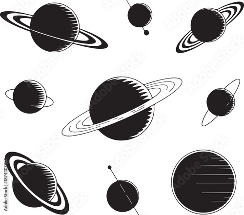 black and white illustration of planets and moons in solar system
