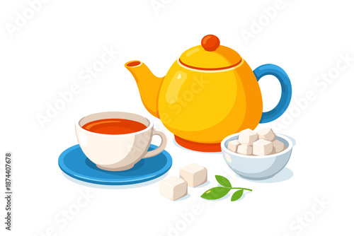 Tea time bliss with yellow teapot and cup in modern flat style