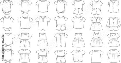 A comprehensive collection of baby and infant clothing line illustrations, showcasing different styles. The outlines of various outfits are neatly arranged, perfect for fashion design, commerce.