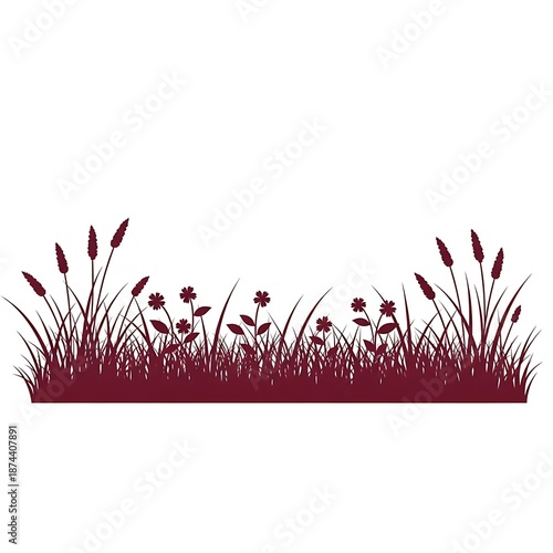 Nature themed graphic design featuring a maroon silhouette of grass and flowers on a white background for decoration and design with floral and pattern