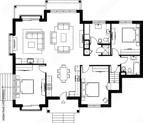 Architectural Floor Plan Depicting a Modern House Interior with room, and furnishing.