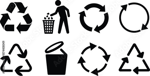 Black and white recycling symbols and on white background