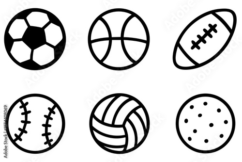 Sport balls hand drawn doodle icon set in simple black and white outline style