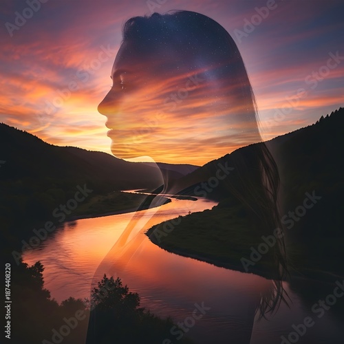 Double exposure of a woman's face over a serene landscape with a winding river at sunset with woman s face and silhouette and nature and peaceful