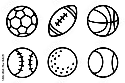 Sport balls hand drawn doodle icon set in simple black and white outline style