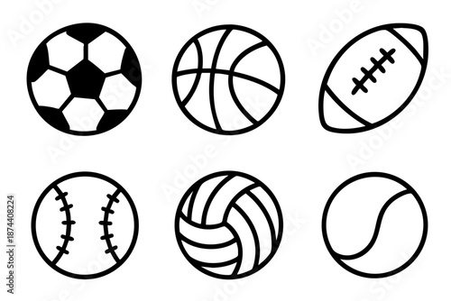 Sport balls hand drawn doodle icon set in simple black and white outline style