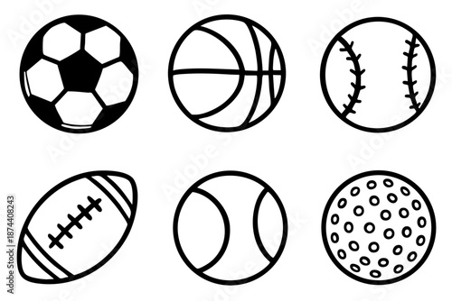 Sport balls hand drawn doodle icon set in simple black and white outline style