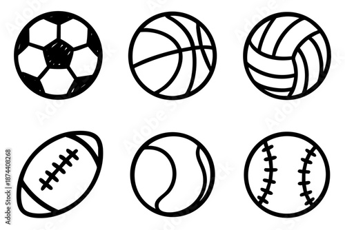 Sport balls hand drawn doodle icon set in simple black and white outline style
