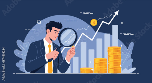 Professional financial analyst examines investment growth and market trends through magnifying glass with rising gold coins.
