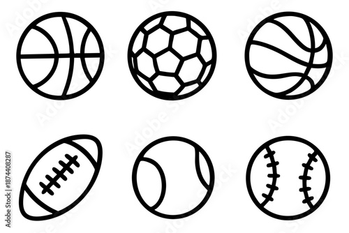 Sport balls hand drawn doodle icon set in simple black and white outline style