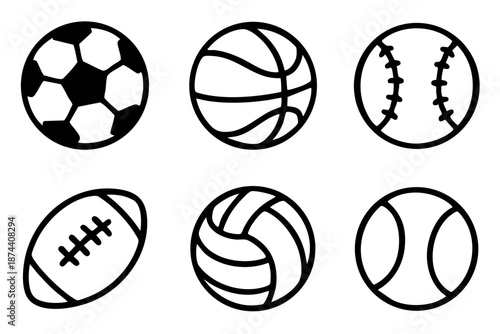 Sport balls hand drawn doodle icon set in simple black and white outline style