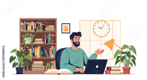 Young man works diligently at home office desk surrounded by books and indoor plants under a large wall clock for time management.