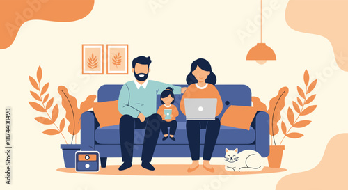 Happy young family spends quality time together in a living room with mother working on a laptop and child holding a phone.