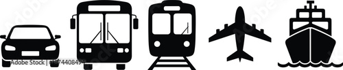 Black and white transportation including car bus train airplane and boat