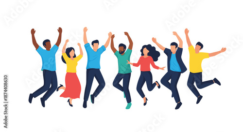 Group of cheerful diverse friends celebrate together by jumping high in the air with arms raised against a plain background.