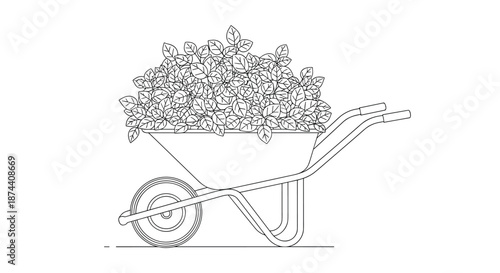 Minimalist line art drawing of a garden wheelbarrow overflowing with lush leafy plants for landscaping and gardening concepts.