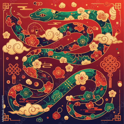 Intricate dragon pattern on red background featuring clouds flowers and lanterns in traditional Chinese design.