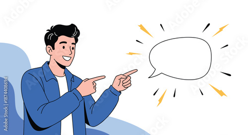 Happy young man in a blue shirt points enthusiastically at a blank comic speech bubble to highlight important information.