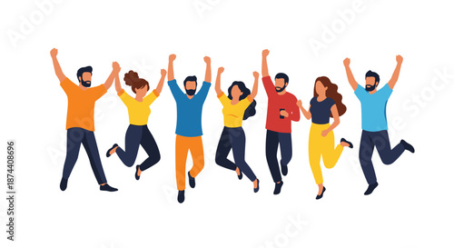 Vibrant team of diverse business professionals jump for joy to celebrate reaching a major company milestone and success.