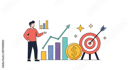 Strategic business leader presents financial goals and marketing targets using a rising bar chart and a large gold currency coin.