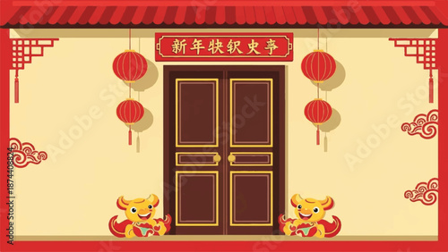 Festive Chinese New Year doorway decorated with red lanterns and lucky cats.