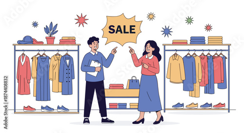 Smiling customer and shop assistant discuss fashion choices in a trendy clothing boutique featuring a large sale advertisement.