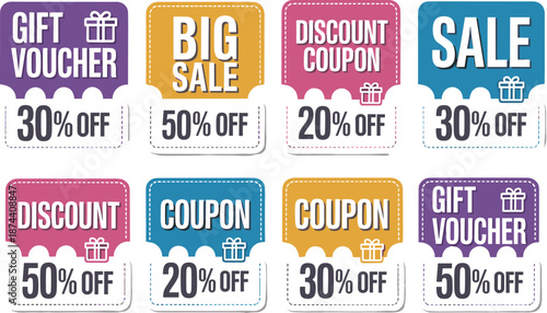 Colorful discount and voucher labels with percentage off offers