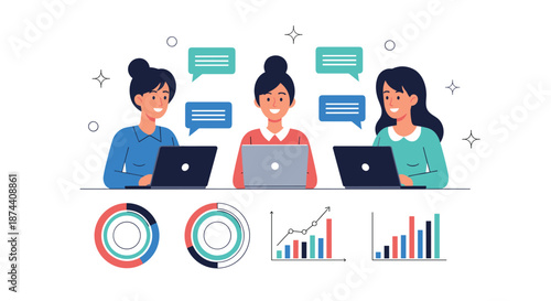 Three female professional analysts collaborate on data research using laptops and communicating through digital chat bubbles.