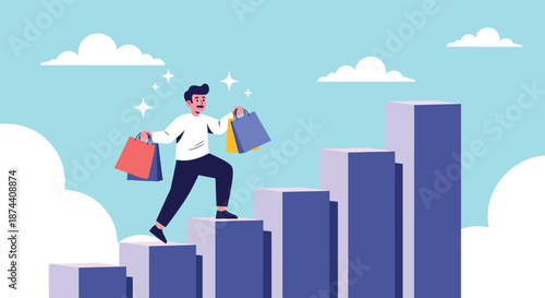 Happy young shopper carrying colorful bags walks up a rising bar chart staircase representing increasing consumer spending.
