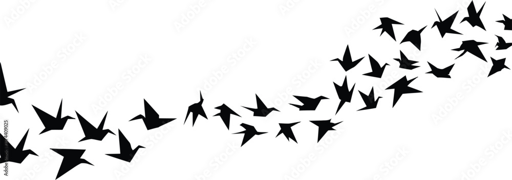 Obraz premium Large flock of black birds flying in formation on white background