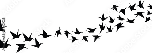 Large flock of black birds flying in formation on white background