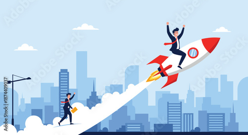 Ambitious businessman accelerates his career by riding a fast rocket over the city while a colleague runs on a cloud path.
