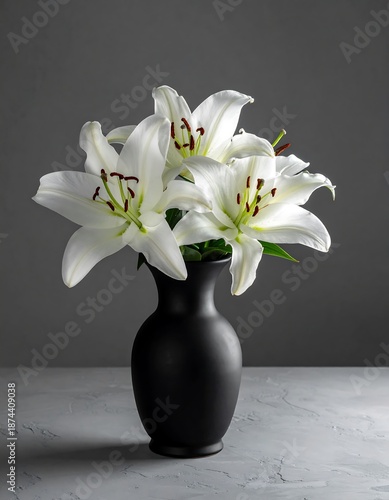 Close-up of white lilies in a matte black vase against a gray, textured background