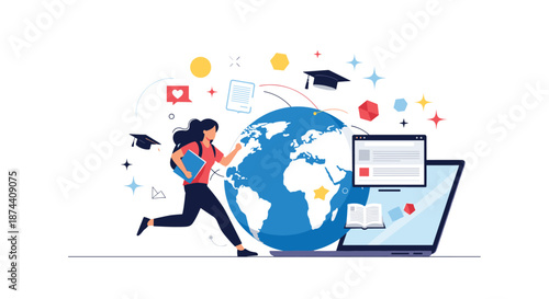 Enthusiastic student runs toward a global education future represented by a large earth globe and digital learning tools.