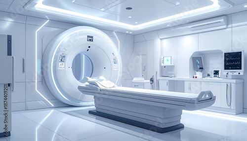 Futuristic MRI Scanner in Modern High-Tech Medical Diagnostic Room with Advanced Healthcare Technology