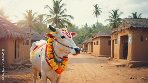 Wallpaper Mural Sacred white cow.  Indian Cow in traditional marigold garland and flower crown for Makar Sankranti holiday. Torontodigital.ca